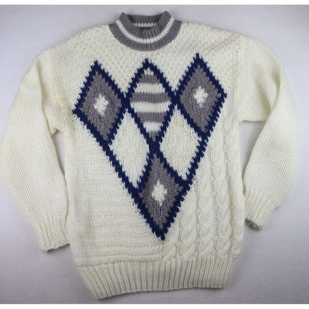 VINTAGE MEN'S WHITE ARGYLE CHUNKY KNIT SWEATER - FORUM - SIZE L